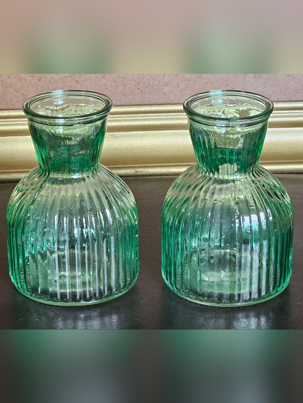 Set of 2 Light Teal Green Bottleneck Vase Ribbed Marked #2